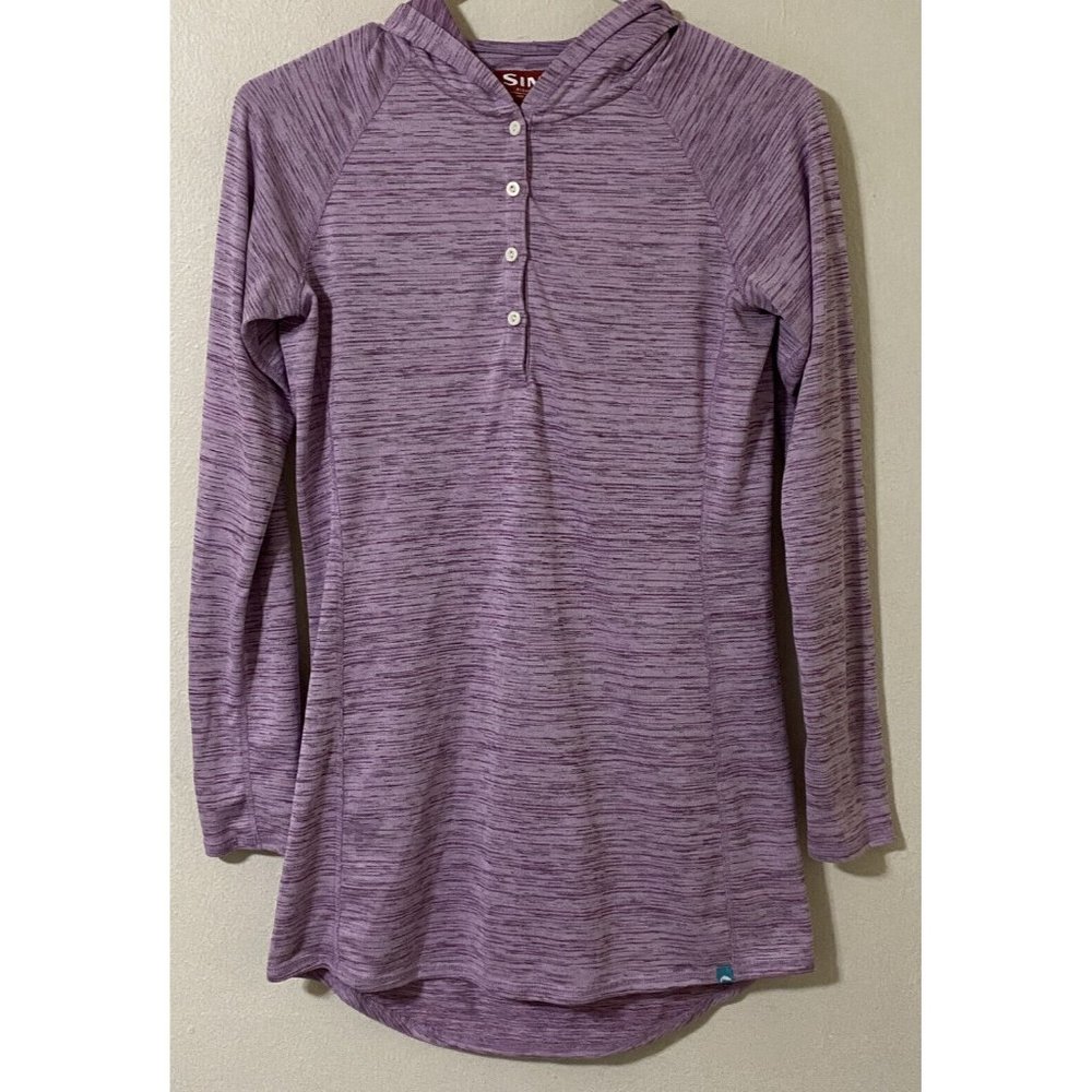 Simms Women's Small Long Sleeve 1/4 Button Hooded Fishing Shirt Heathered Pink